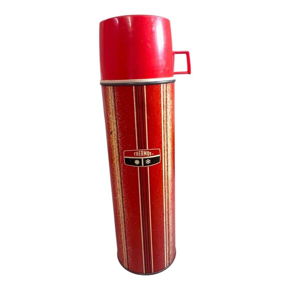 Vintage Red Striped Camping Thermos 1 Qt Vacuum Bottle With Cup Lid 1950s READ - Picture 1 of 13